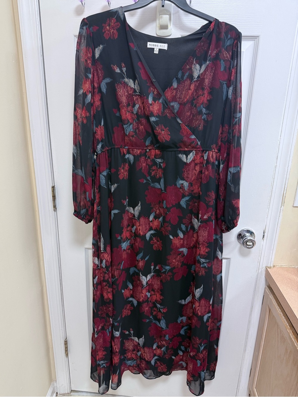 Robbie Bee Black Floral Wrap Midi Dress with Red Blooms, Size 16